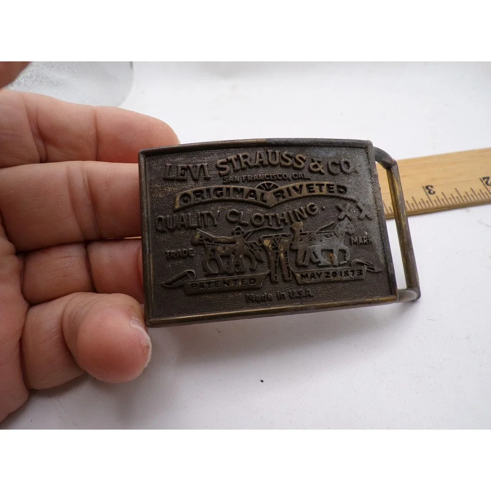 Vintage Levi Strauss & Co Belt Buckle Brass Two Horse Logo Made in USA Rectangle